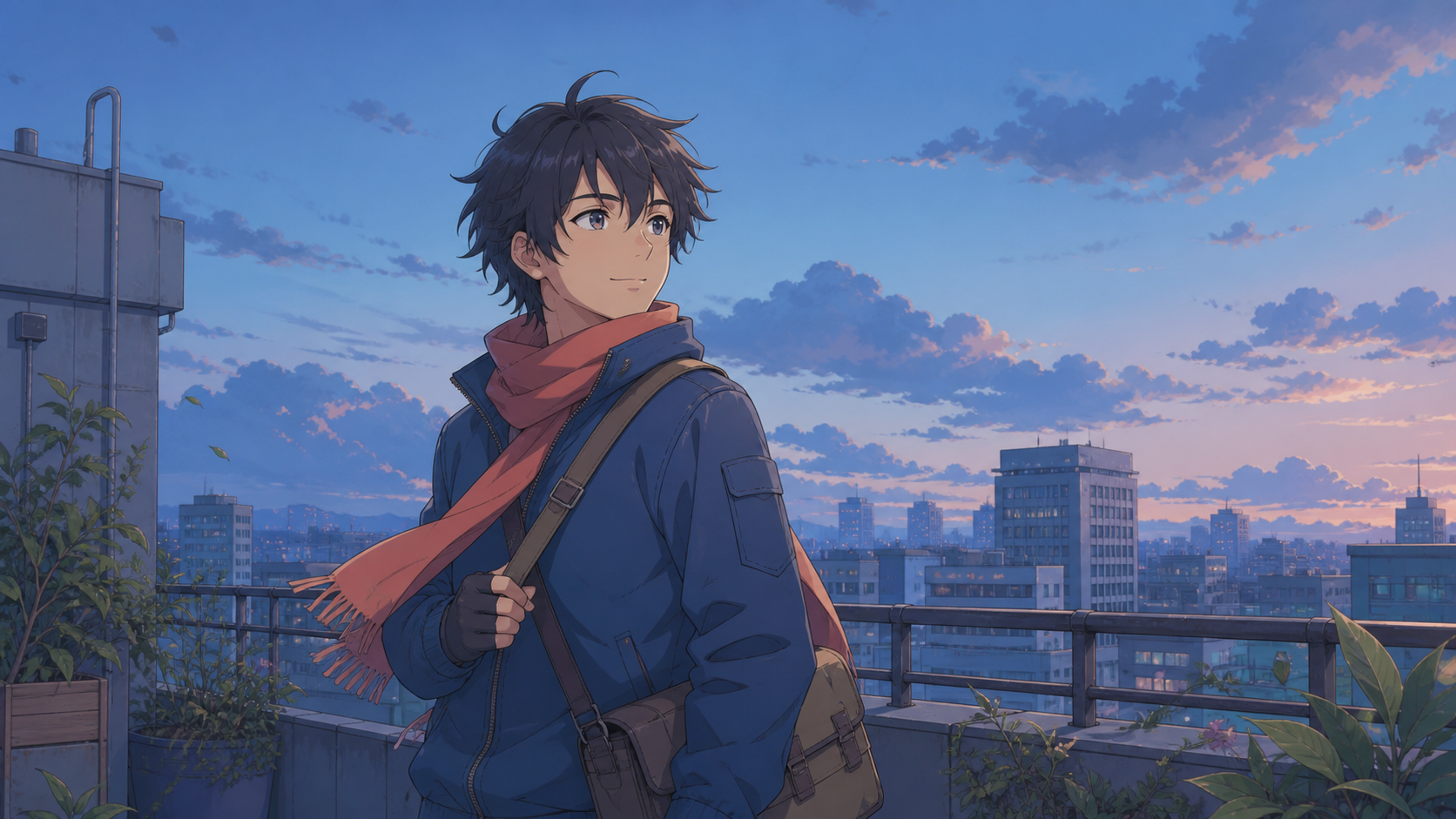 An original softly detailed anime courier on a rooftop at blue hour