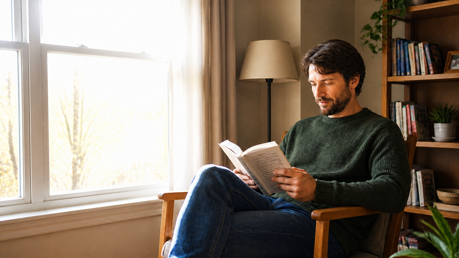 A backlit reader with a bright curtain, normal face and jumper, and dark shelves and jeans